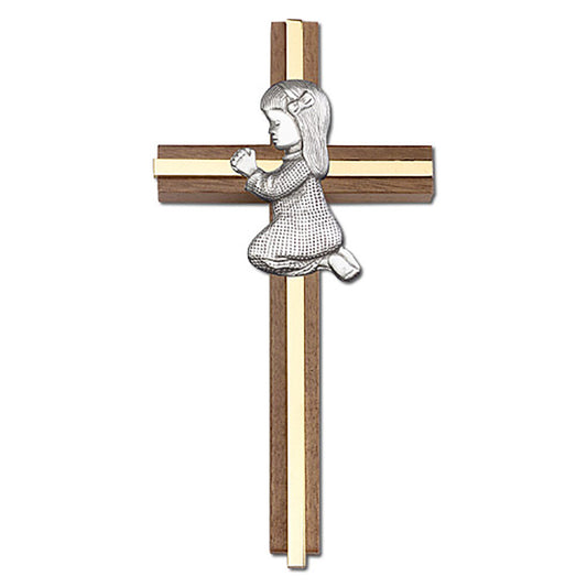 6 inch Praying Girl Cross, Walnut w/ Antique Silver inlay - 5070S/G