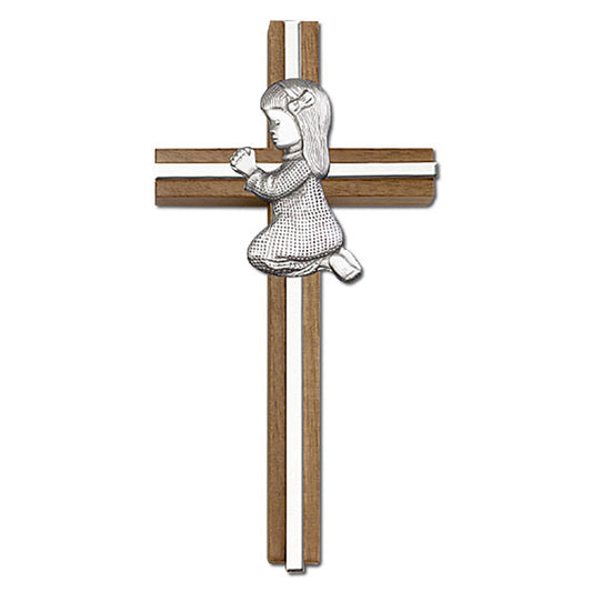 6 inch Praying Girl Cross, Walnut w/ Antique Silver inlay - 5070S/S