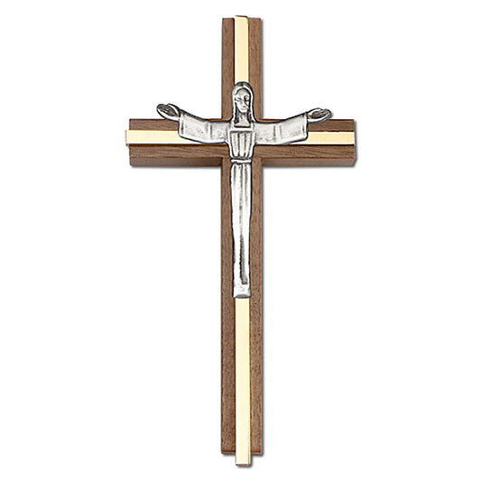 6 inch Risen Christ Cross, Walnut w/ Antique Silver inlay - 5085S/G