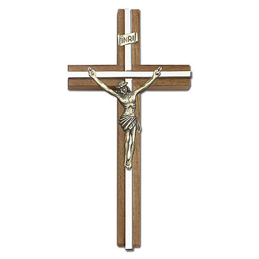 6 inch Antique Gold Crucifix, Walnut w/ Polished Silver Finish inlay - 5090G/S