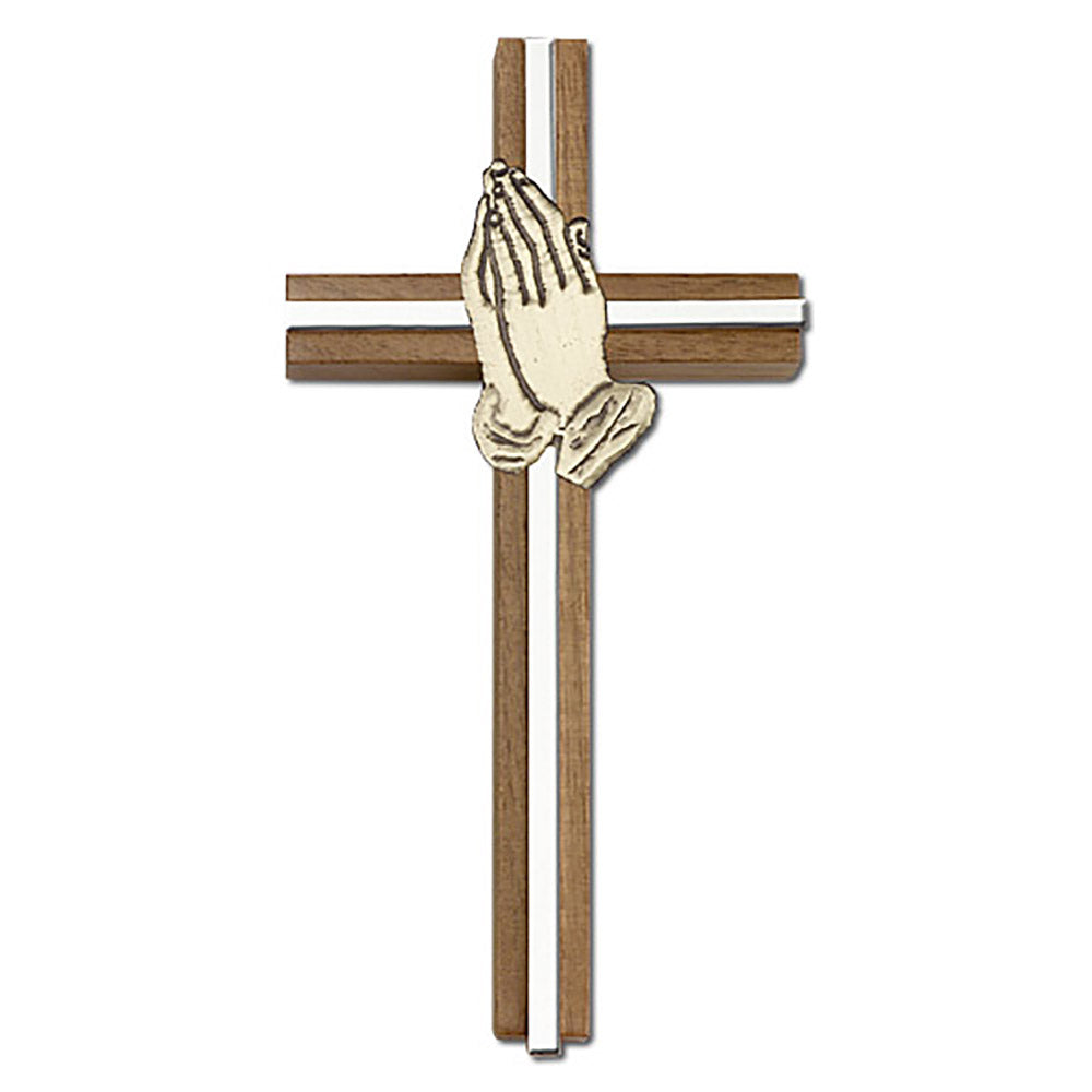 6 inch Praying Hands Cross, Walnut w/ Antique Gold inlay - 5091G/S