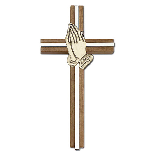 6 inch Praying Hands Cross, Walnut w/ Antique Gold inlay - 5091G/S