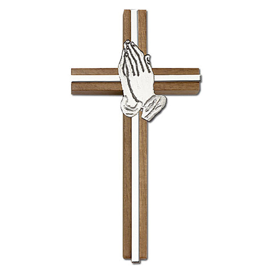 6 inch Praying Hands Cross, Walnut w/ Antique Silver inlay - 5091S/S