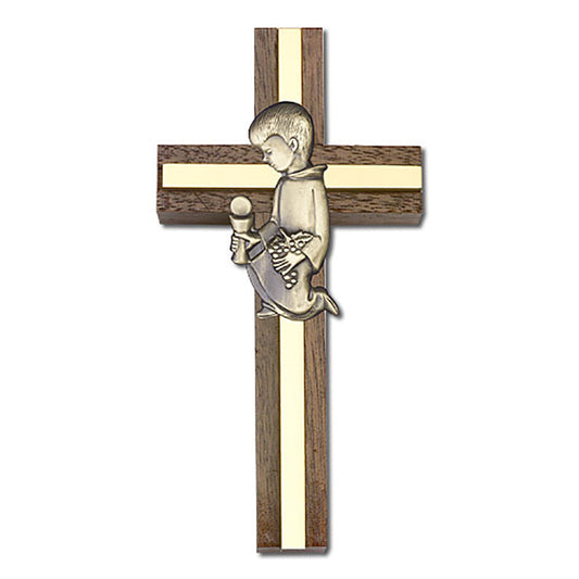 4 inch Communion Boy Cross, Walnut w/ Antique Gold inlay - 5432G/G