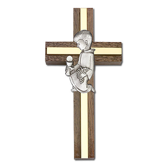 4 inch Communion Boy Cross, Walnut w/ Antique Silver inlay - 5432S/G