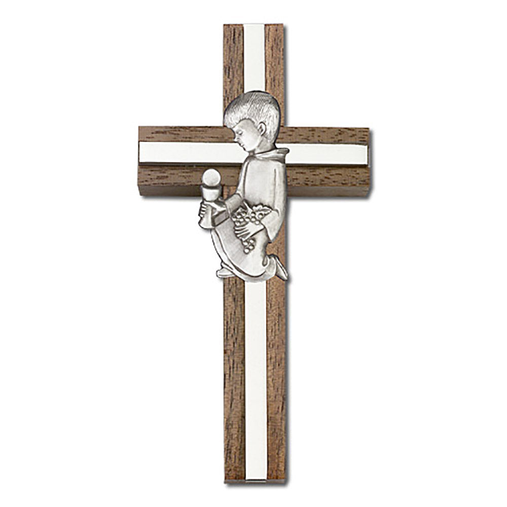 4 inch Communion Boy Cross, Walnut w/ Antique Silver inlay - 5432S/S