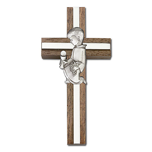 4 inch Communion Boy Cross, Walnut w/ Antique Silver inlay - 5432S/S
