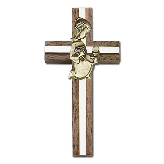 4 inch Communion Girl Cross, Walnut w/ Antique Gold inlay - 5433G/S