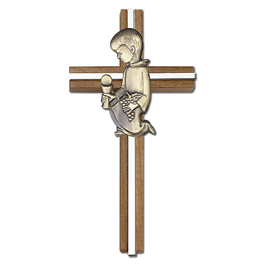 6 inch Communion Boy Cross, Walnut w/ Antique Gold inlay - 5620G/S