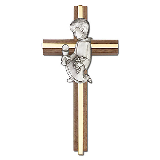 6 inch Communion Boy Cross, Walnut w/ Antique Silver inlay - 5620S/G