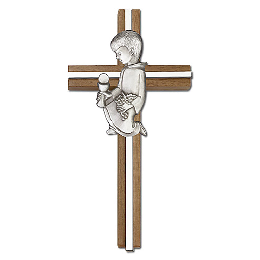 6 inch Communion Boy Cross, Walnut w/ Antique Silver inlay - 5620S/S