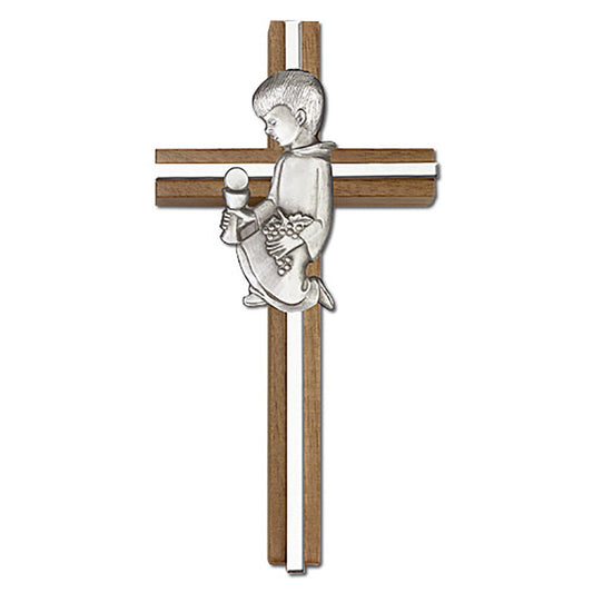 6 inch Communion Boy Cross, Walnut w/ Antique Silver inlay - 5620S/S