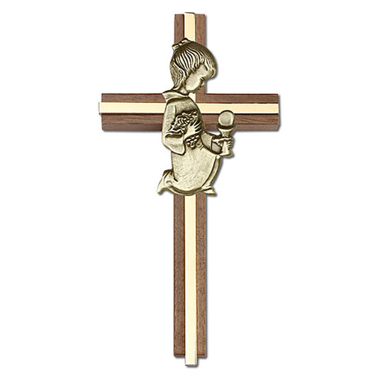 6 inch Communion Girl Cross, Walnut w/ Antique Gold inlay - 5630G/G