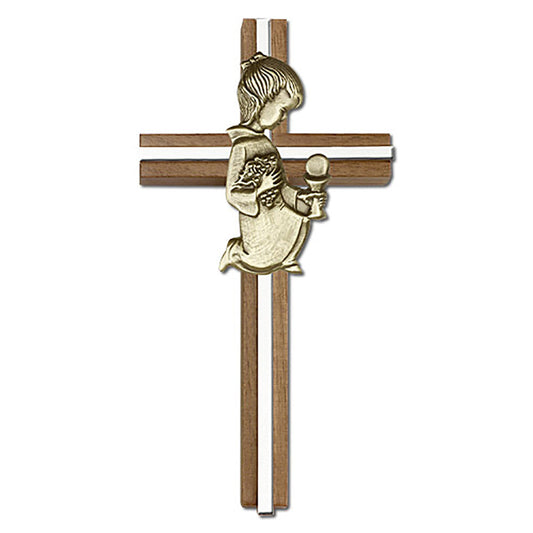 6 inch Communion Girl Cross, Walnut w/ Antique Gold inlay - 5630G/S