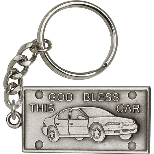 Antique Silver God Bless This Car Keychain - 5876