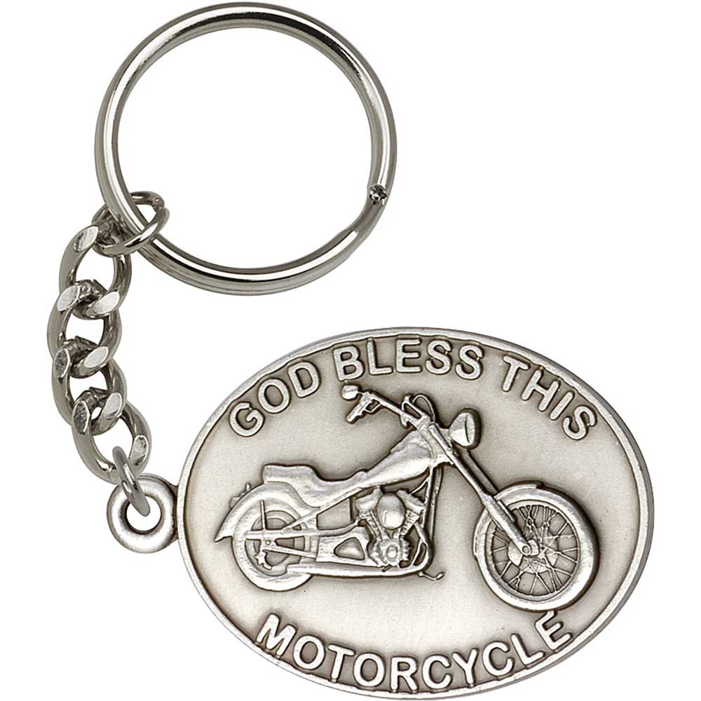 Antique Silver God Bless This Motorcycle Keychain - 5879