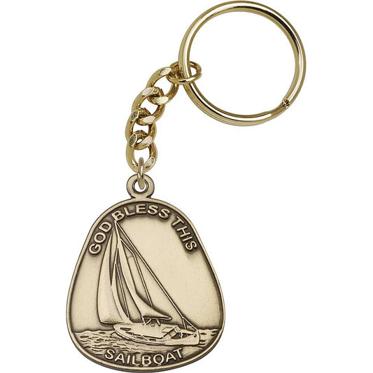 Antique Gold God Bless This Sailboat Keychain - 5880