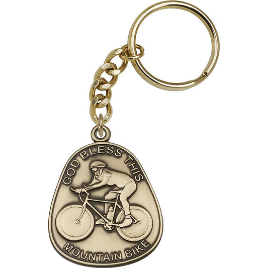 Antique Gold God Bless This Mountain Bike Keychain - 5889