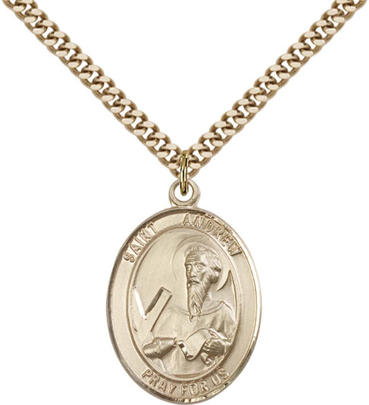14kt Gold Filled St. Andrew the Apostle Pendant with 24 inch Gold Plate Heavy Curb Chain