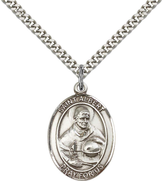 Sterling Silver St. Albert the Great Pendant with 24 Inch Light Rhodium Heavy Curb Chain