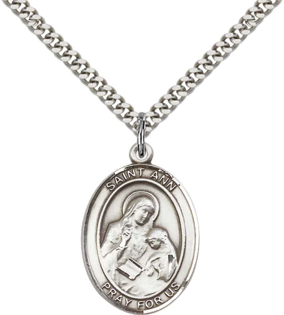 Sterling Silver St. Ann Pendant with 24 Inch Light Rhodium Heavy Curb Chain