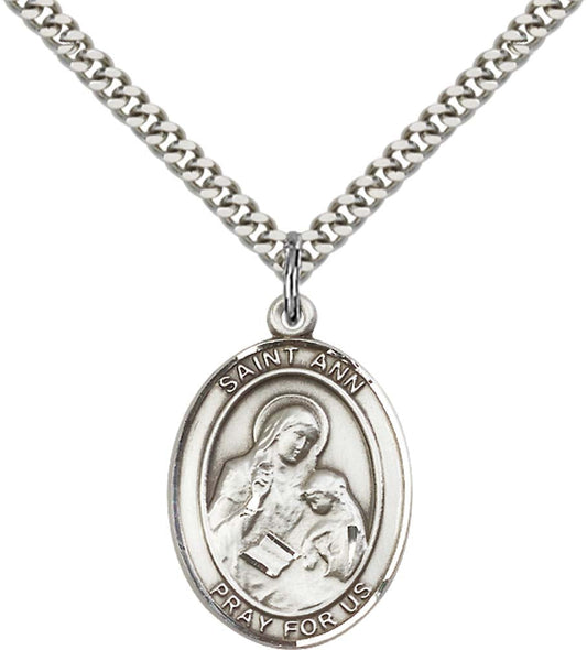 Sterling Silver St. Ann Pendant with 24 Inch Light Rhodium Heavy Curb Chain