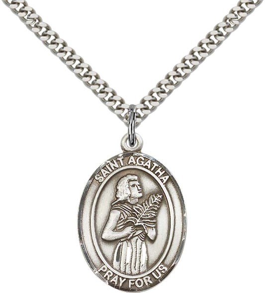 Sterling Silver St. Agatha Pendant with 24 Inch Light Rhodium Heavy Curb Chain