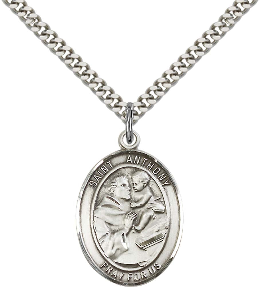 Sterling Silver St. Anthony of Padua Pendant with 24 Inch Light Rhodium Heavy Curb Chain