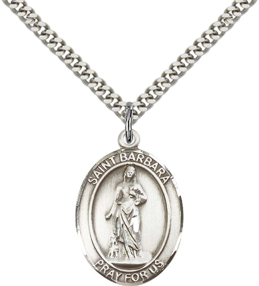 Sterling Silver St. Barbara Pendant with 24 Inch Light Rhodium Heavy Curb Chain