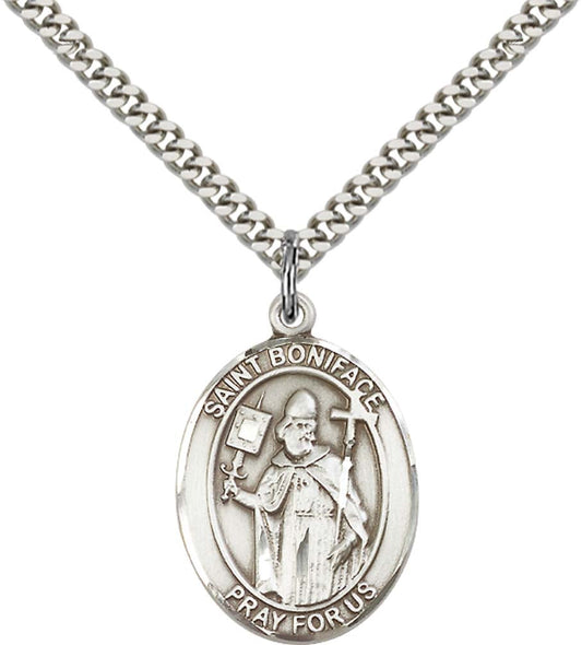 Sterling Silver St. Boniface Pendant with 24 Inch Light Rhodium Heavy Curb Chain
