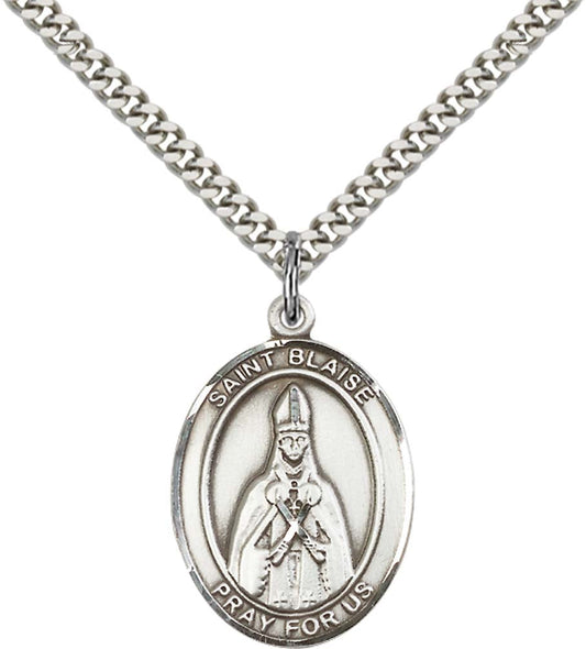 Sterling Silver St. Blaise Pendant with 24 Inch Light Rhodium Heavy Curb Chain