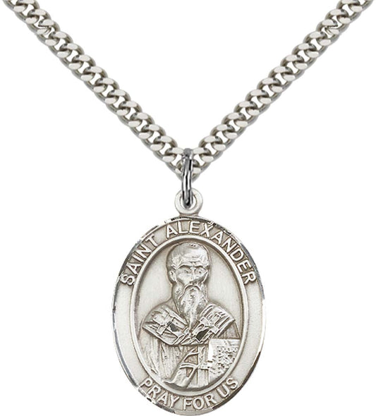 Sterling Silver St. Alexander Sauli Pendant with 24 Inch Light Rhodium Heavy Curb Chain