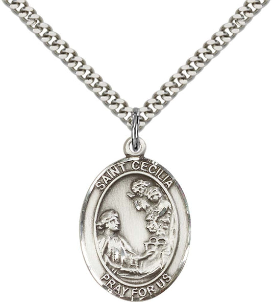 Sterling Silver St. Cecilia Pendant with 24 Inch Light Rhodium Heavy Curb Chain
