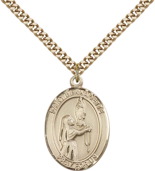 14kt Gold Filled St. Bernadette Pendant with 24 inch Gold Plate Heavy Curb Chain