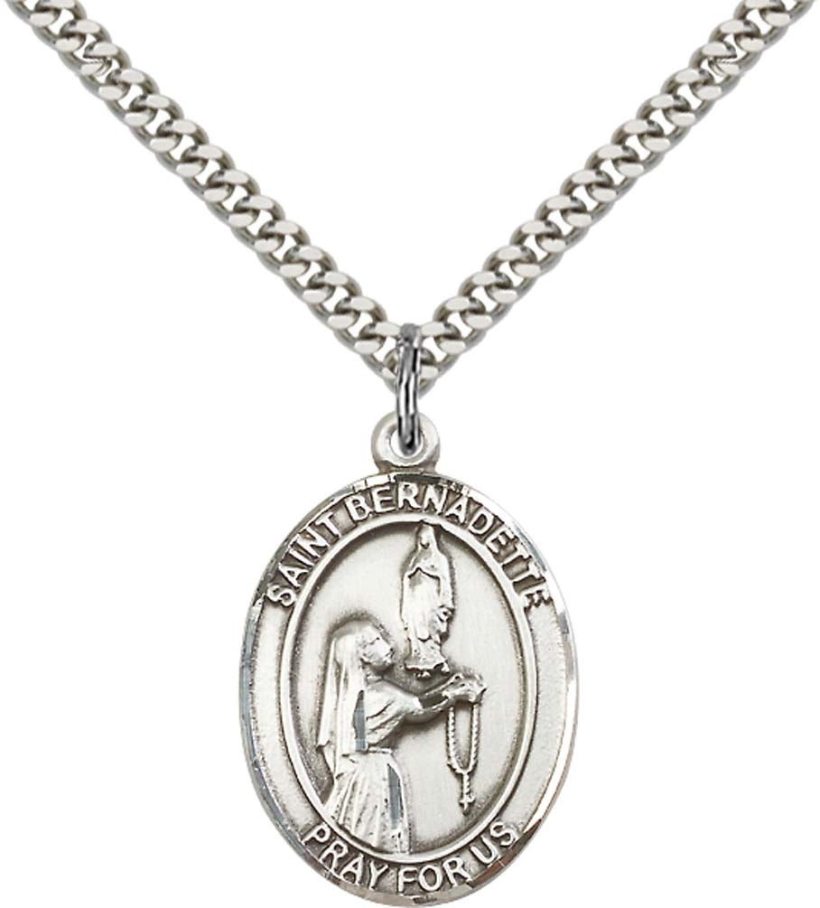 Sterling Silver St. Bernadette Pendant with 24 Inch Light Rhodium Heavy Curb Chain