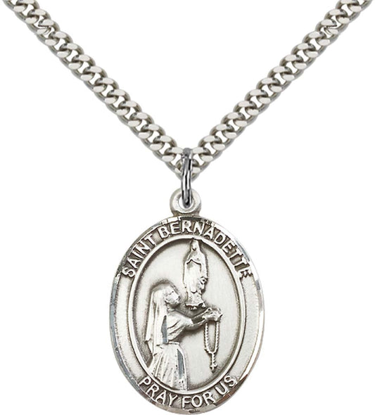 Sterling Silver St. Bernadette Pendant with 24 Inch Light Rhodium Heavy Curb Chain