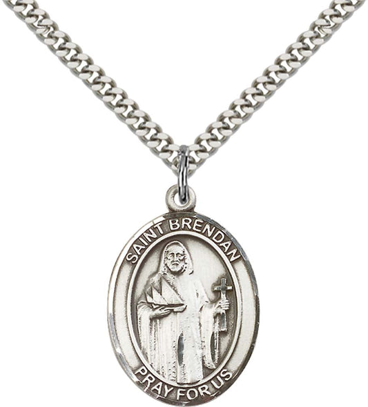 Sterling Silver St. Brendan the Navigator Pendant with 24 Inch Light Rhodium Heavy Curb Chain