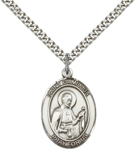 Sterling Silver St. Camillus of Lellis Pendant with 24 Inch Light Rhodium Heavy Curb Chain