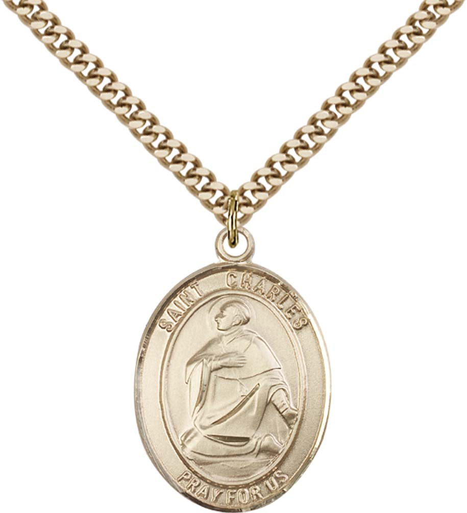 14kt Gold Filled St. Charles Borromeo Pendant with 24 inch Gold Plate Heavy Curb Chain