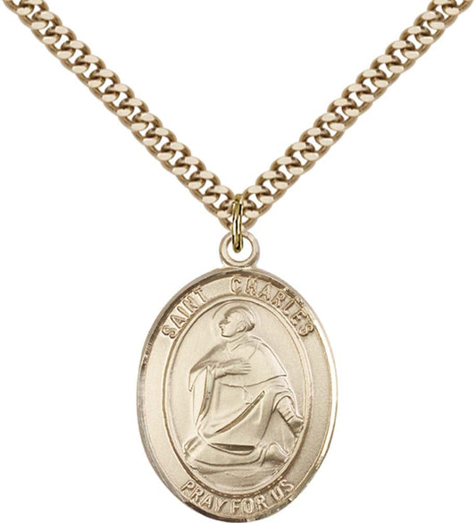 14kt Gold Filled St. Charles Borromeo Pendant with 24 inch Gold Plate Heavy Curb Chain