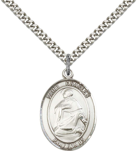 Sterling Silver St. Charles Borromeo Pendant with 24 Inch Light Rhodium Heavy Curb Chain