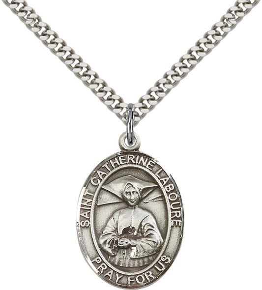 Sterling Silver St. Catherine Laboure Pendant with 24 Inch Light Rhodium Heavy Curb Chain