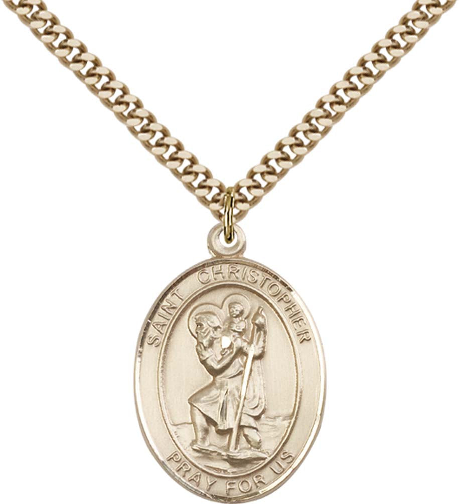 14kt Gold Filled St. Christopher Pendant with 24 inch Gold Plate Heavy Curb Chain - Large  022-1
