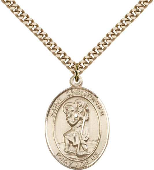 14kt Gold Filled St. Christopher Pendant with 24 inch Gold Plate Heavy Curb Chain - Large  022-1
