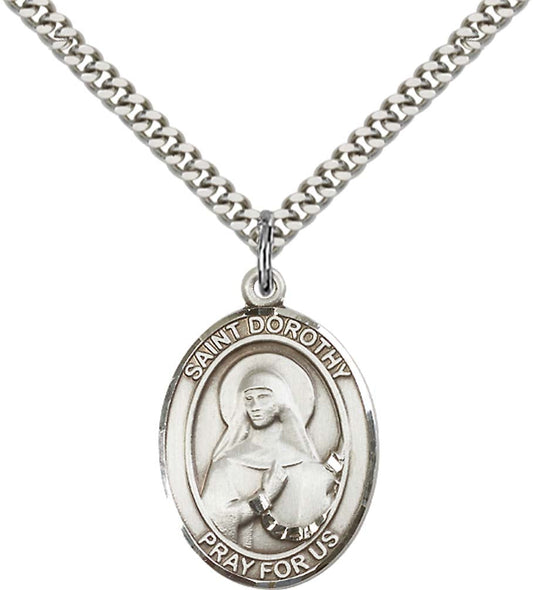Sterling Silver St. Dorothy Pendant with 24 Inch Light Rhodium Heavy Curb Chain