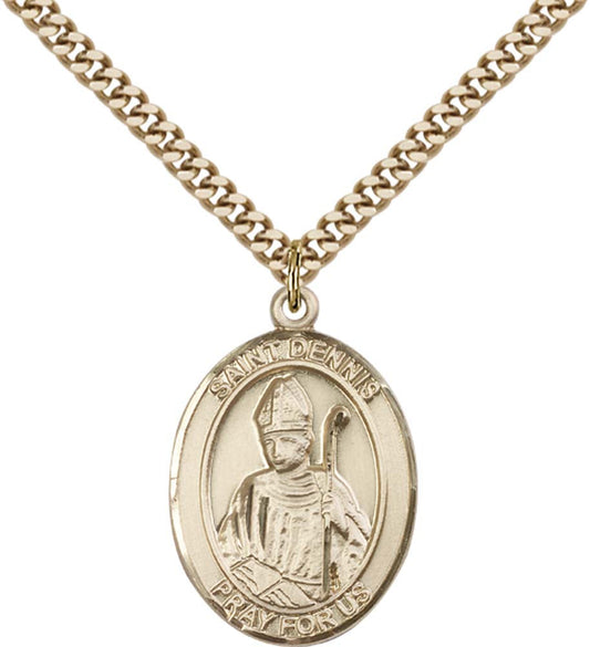 14kt Gold Filled St. Dennis Pendant with 24 inch Gold Plate Heavy Curb Chain