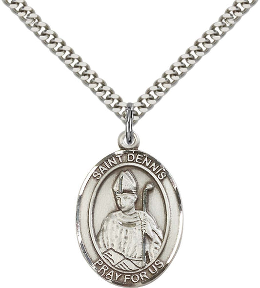 Sterling Silver St. Dennis Pendant with 24 Inch Light Rhodium Heavy Curb Chain