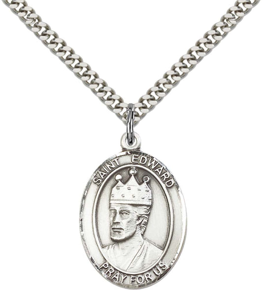 Sterling Silver St. Edward the Confessor Pendant with 24 Inch Light Rhodium Heavy Curb Chain