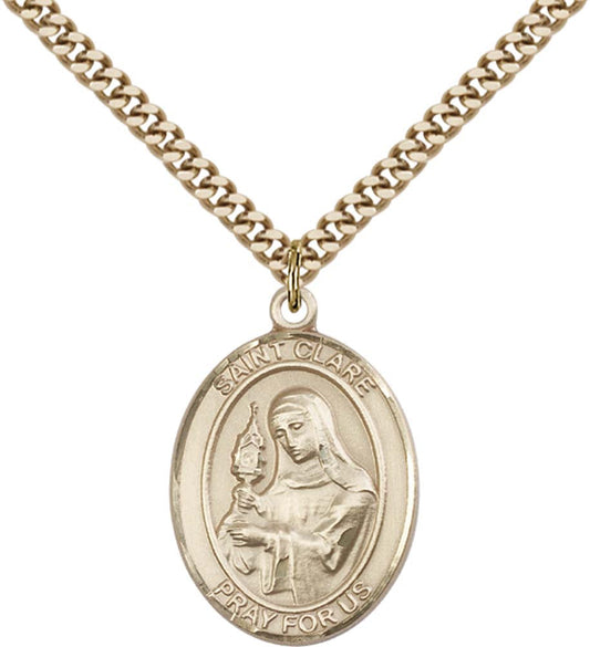 14kt Gold Filled St. Clare of Assisi Pendant with 24 inch Gold Plate Heavy Curb Chain