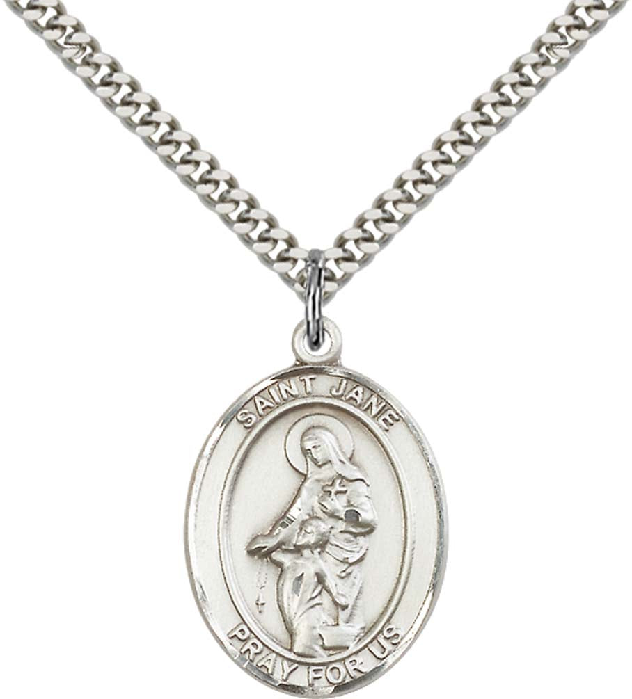 Sterling Silver St. Jane of Valois Pendant with 24 Inch Light Rhodium Heavy Curb Chain